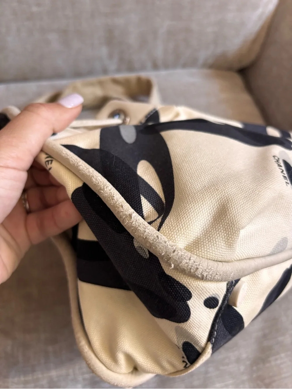 Authentic CHANEL vintage mini beige black Surfline canvas tote